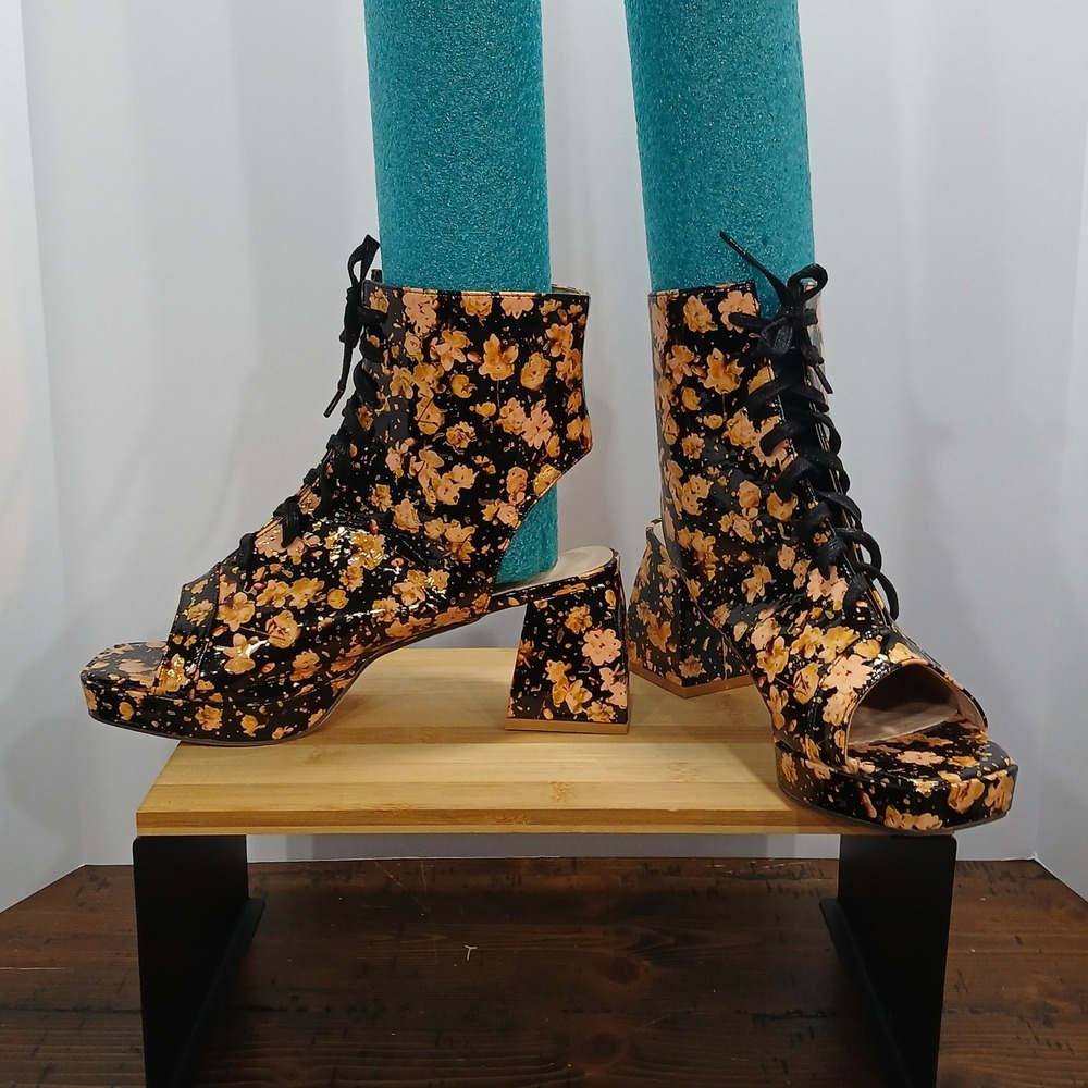 11.5 Floral Platform Block Heels Lace Up Open Toe Open Heel Boho Whimsigoth Drag